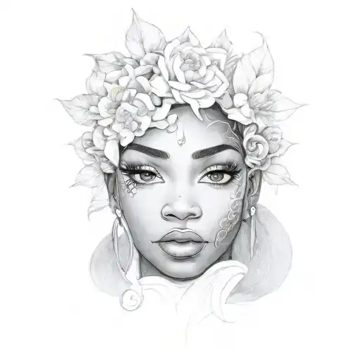 Portrait of a black girl with a crown adorned with zodiac symbols and flowers tattoo design idea