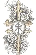 cross flowers Roman numerals surrounded tattoo design idea