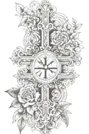 cross flowers Roman numerals surrounded tattoo design idea