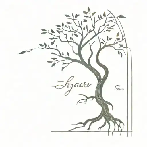 A minimalist design of a tree with roots that spell out 'Hayden' and 'Gracie', symbolizing the family tree and connection between generations tattoo design idea