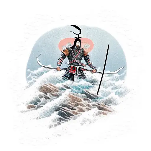 Embrace your fascination with samurais and the ocean by creating a tattoo of a samurai warrior standing on a rocky shore, overlooking crashing waves tattoo design idea