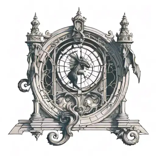 two moons inside a gothic cathedral window with a gargoyle on the window ledge tattoo design idea