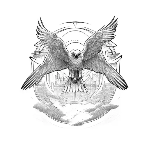 A powerful eagle soaring above a cityscape, symbolizing freedom and ambition tattoo design idea