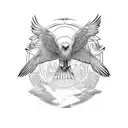 A powerful eagle soaring above a cityscape, symbolizing freedom and ambition tattoo design idea