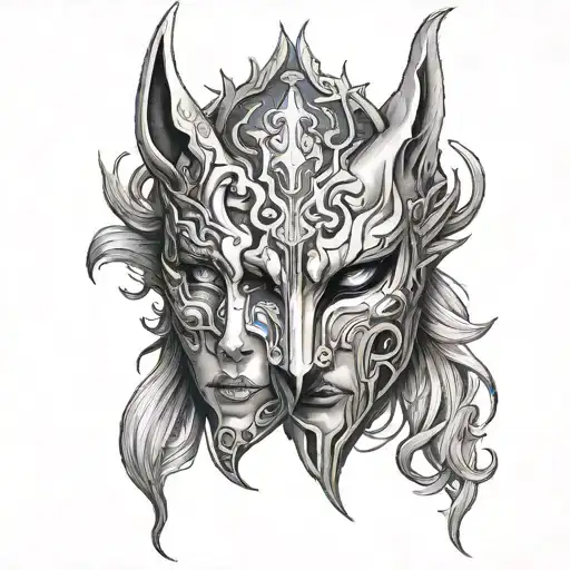 couple tattoos of kindred's mask from league of legends tattoo design idea