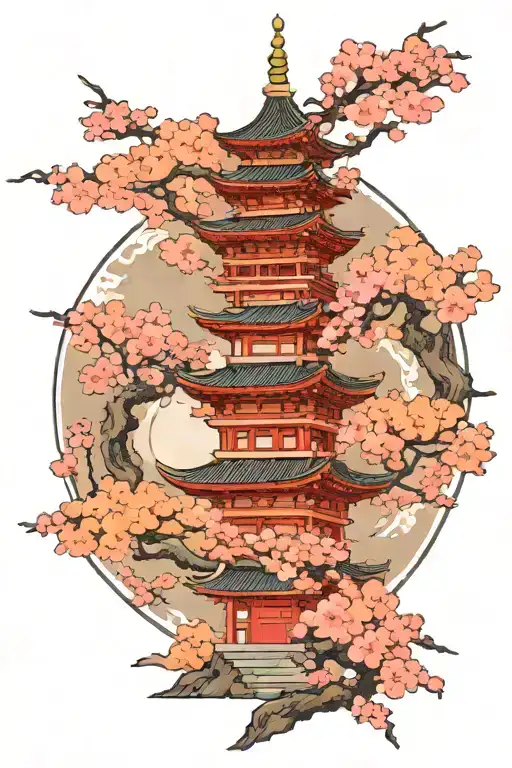 Japanese pagoda temple, dragon, cherry blossom trees tattoo design idea