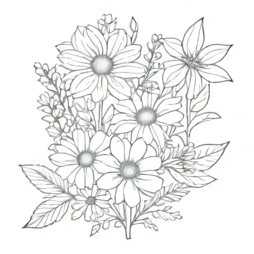 Bouquet of flowers including daisy, rose, aster, larkspur tattoo design idea