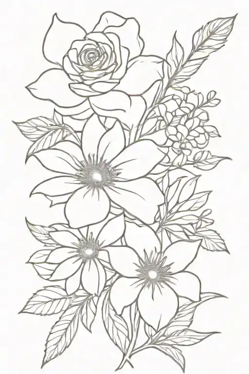 rose, daisy, larkspur, aster flower bouquet, single line  tattoo design idea