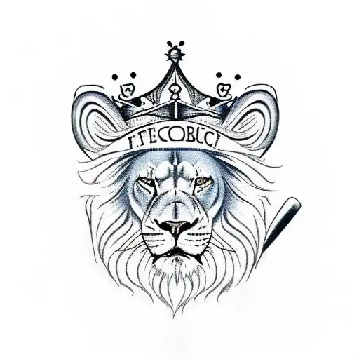 fierce Lion wearing a baseball cap, holding a bat in one hand and a crown in the other tattoo design idea
