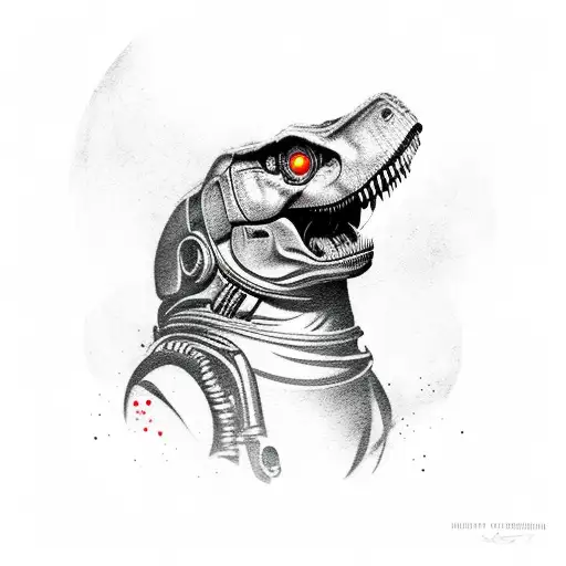 t-rex with terminator eye, holding shotgun tattoo design idea