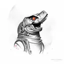 t-rex with terminator eye, holding shotgun tattoo design idea