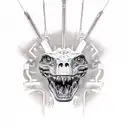 t-rex with terminator eye, holding shotgun tattoo design idea