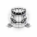 t-rex with terminator eye, holding shotgun tattoo design idea