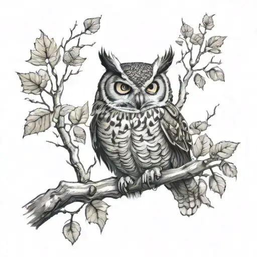 horned owl perched on a branch surrounded by wind blowing leaves with a name in wind   tattoo design idea