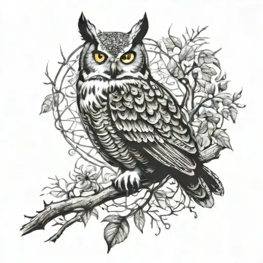 horned owl perched on a branch surrounded by wind blowing leaves  tattoo design idea