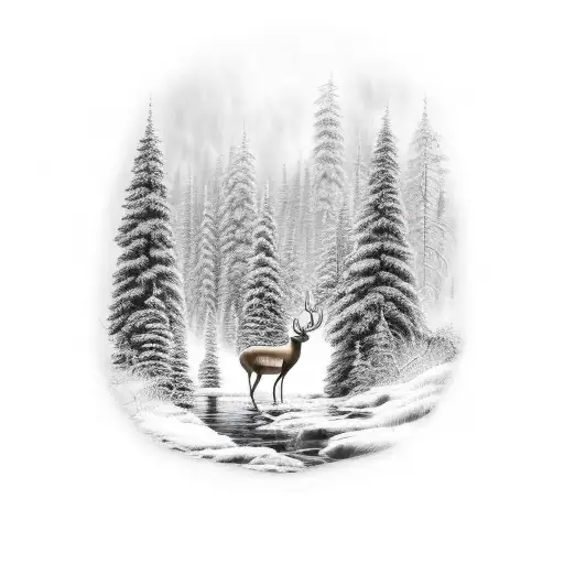 dark forest with one deer in it and a river through it tattoo design idea