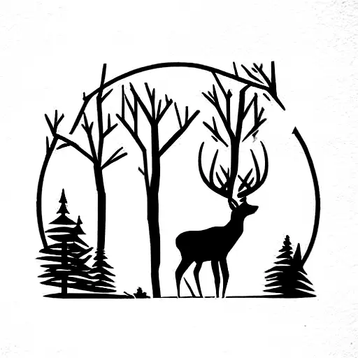 dark forest with one deer in it and a river through it tattoo design idea