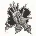 Create a dotwork design of a Call of Duty Zombies mystery box surrounded by undead hands reaching out tattoo design idea