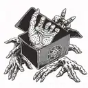 Create a dotwork design of a Call of Duty Zombies mystery box surrounded by undead hands reaching out tattoo design idea