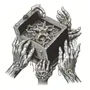 Create a dotwork design of a Call of Duty Zombies mystery box surrounded by undead hands reaching out tattoo design idea
