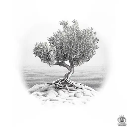 olive tree behind knight with his sword up in air tattoo design idea