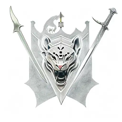 knight kneel with sword stuck on ground with three lions heads behind him tattoo design idea