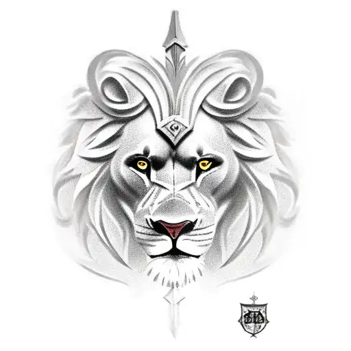 knight with shield and sword, three sitting down lions tattoo design idea
