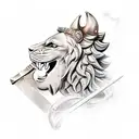 knight kneel with sword stuck on ground with three lions heads behind him tattoo design idea