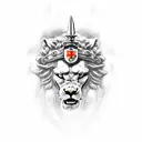 knight kneel with sword stuck on ground with three lions heads behind him tattoo design idea