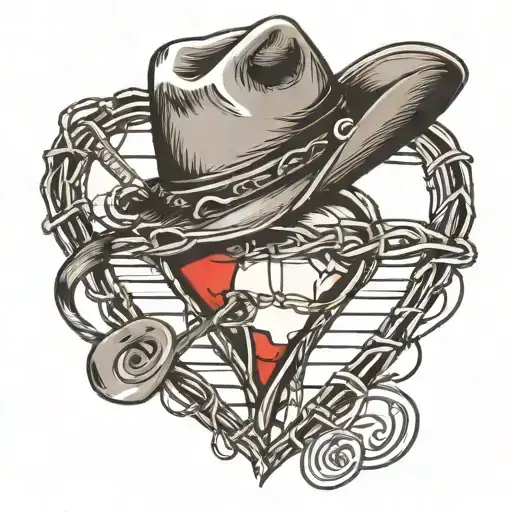 barb wire heart, cowboy hat, music notes tattoo design idea