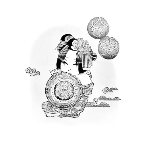A dotwork tattoo of a kokeshi doll holding a baby, representing the client's passion for Japanese culture and their role as a mother. tattoo design idea