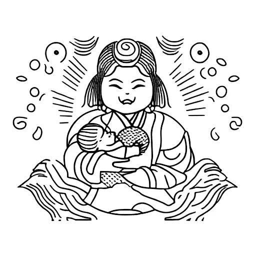 A dotwork tattoo of a kokeshi doll holding a baby, representing the client's passion for Japanese culture and their role as a mother. tattoo design idea