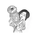 A dotwork tattoo of a kokeshi doll holding a baby, representing the client's passion for Japanese culture and their role as a mother. tattoo design idea