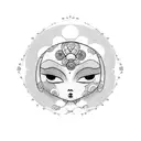 A dotwork tattoo of a kokeshi doll holding a baby, representing the client's passion for Japanese culture and their role as a mother. tattoo design idea