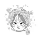 A dotwork tattoo of a kokeshi doll holding a baby, representing the client's passion for Japanese culture and their role as a mother. tattoo design idea
