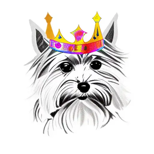 A Yorkshire terrier wearing a crown made of knives, symbolizing strength and elegance tattoo design idea