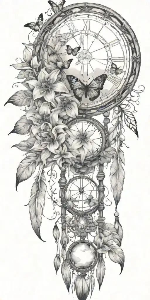 An hourglass moon dream catcher filled with lilies and butterflies Queen Anne's lace  nature tears broken depressed tattoo design idea