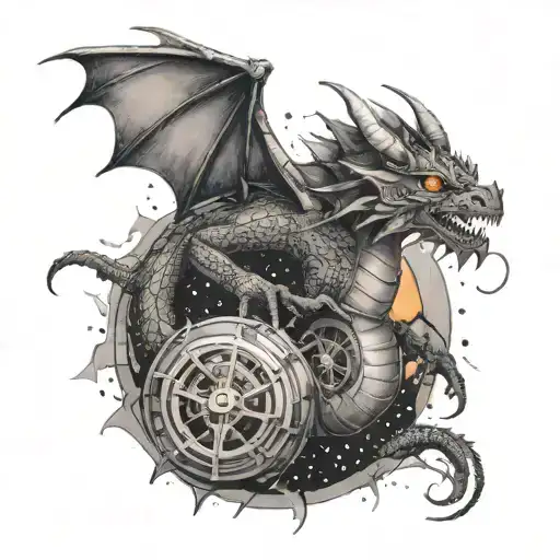 A dragon wrapped around a movie reel, breathing fire onto a Leo constellation tattoo design idea