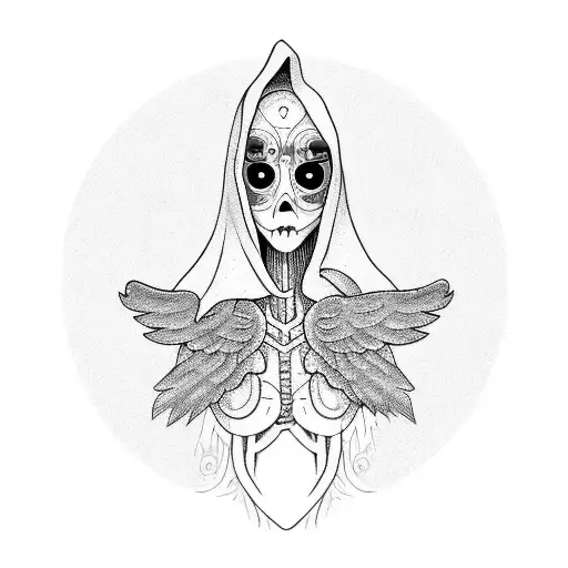 A girl grim reaper full body with her eyes covered and wings tattoo design idea