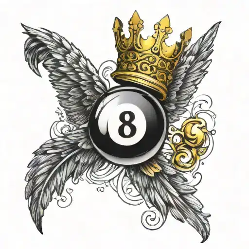 Billiard 8 ball with a golden crown and two bottomless back wings tattoo design idea