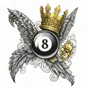 Billiard 8 ball with a golden crown and two bottomless back wings tattoo design idea