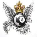 Billiard 8 ball with a golden crown and two bottomless back wings tattoo design idea