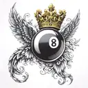 Billiard 8 ball with a golden crown and two bottomless back wings tattoo design idea