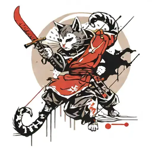 moon cat samurai cyberpunk in combat tattoo design idea