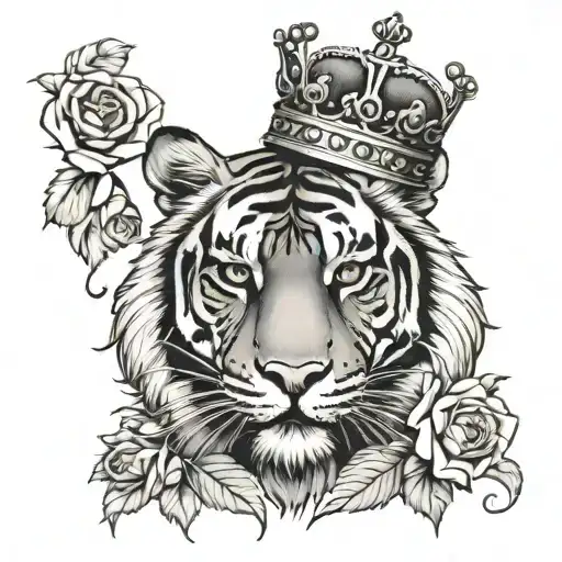 tiger wearing a crown with roses intertwined tattoo design idea