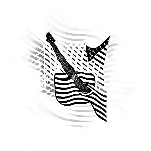 An American flag in the shape of a guitar with cowboy boot strings tattoo design idea