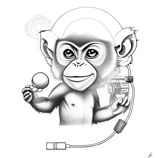 A little monkey sitting on a lotus with a joystick in it's hand tattoo design idea