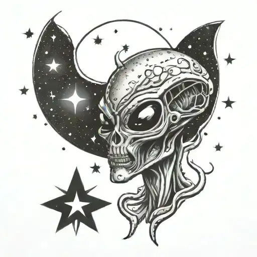 alien peace sign bursting out of galaxy filled with stars tattoo design idea