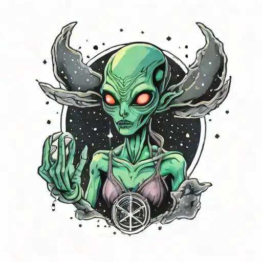 simple girl alien peace sign bursting out of galaxy filled with stars tattoo design idea