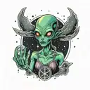 simple girl alien peace sign bursting out of galaxy filled with stars tattoo design idea